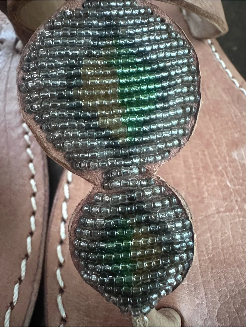 Free People Laidback London Brown Leather Beaded T Strap Sandals Brown Green 7